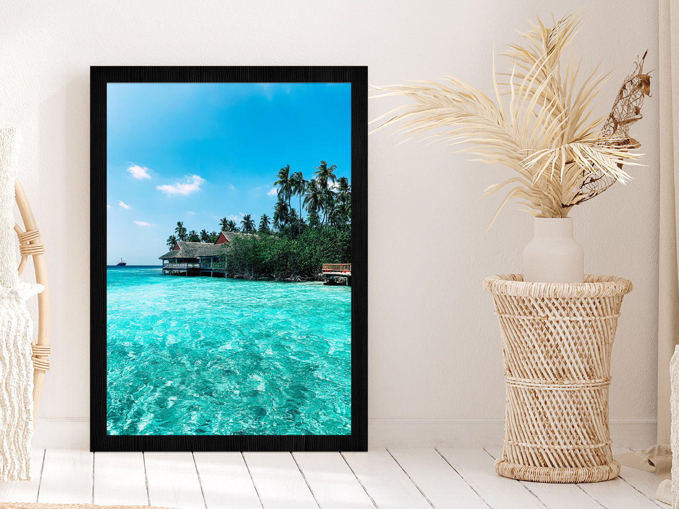 Indian Ocean & Villa Beach Photograph Glass Framed Wall Art, Ready to Hang Quality Print Without White Border Black