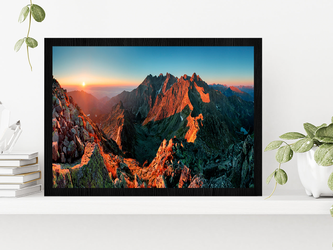 Mountain Sunset From Peak Glass Framed Wall Art, Ready to Hang Quality Print Without White Border Black