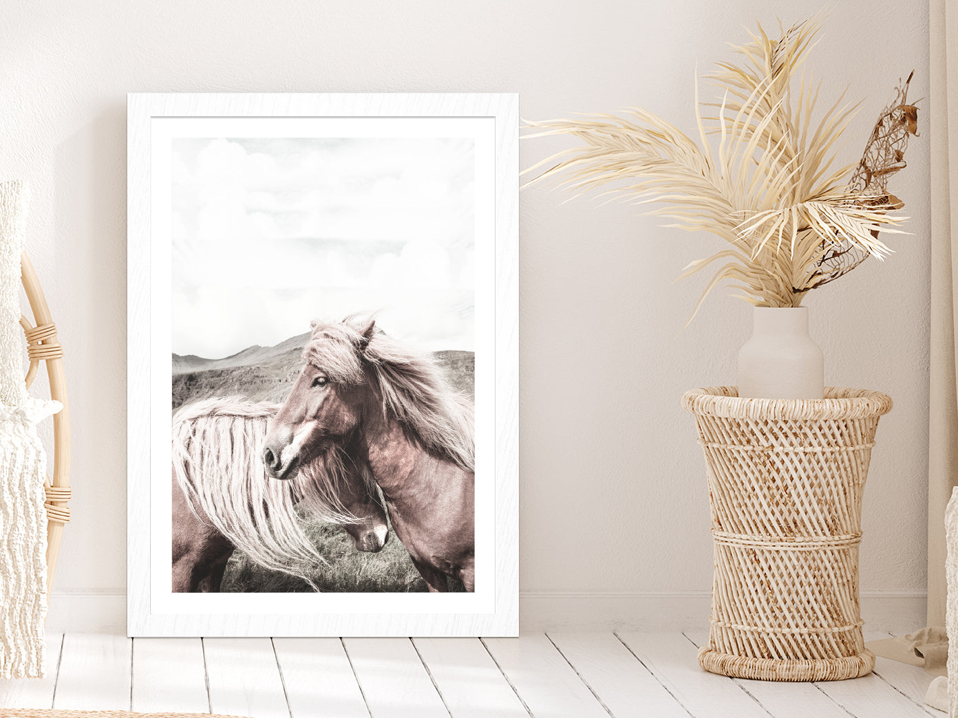 Faded Horse Closeup Side View Photograph Glass Framed Wall Art, Ready to Hang Quality Print With White Border White