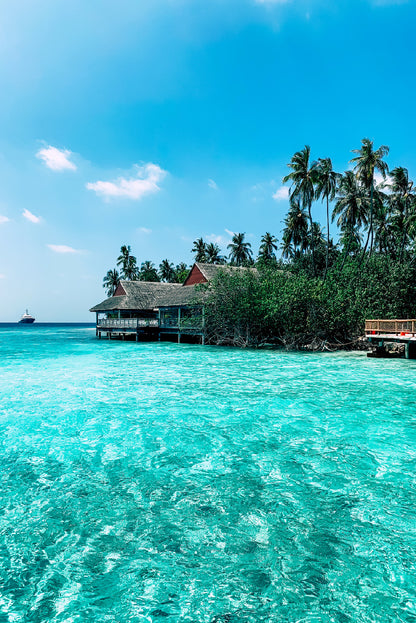 Indian Ocean & Villa Beach Photograph Glass Framed Wall Art, Ready to Hang Quality Print