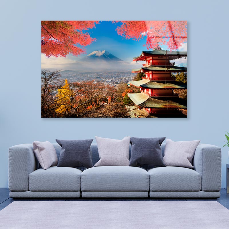 Mt. Fuji With Fall Colors in Japan Acrylic Glass Print Tempered Glass Wall Art 100% Made in Australia Ready to Hang