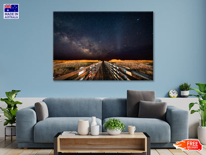 Wooden Bridge across a Meadow under a Starry Sky Print 100% Australian Made