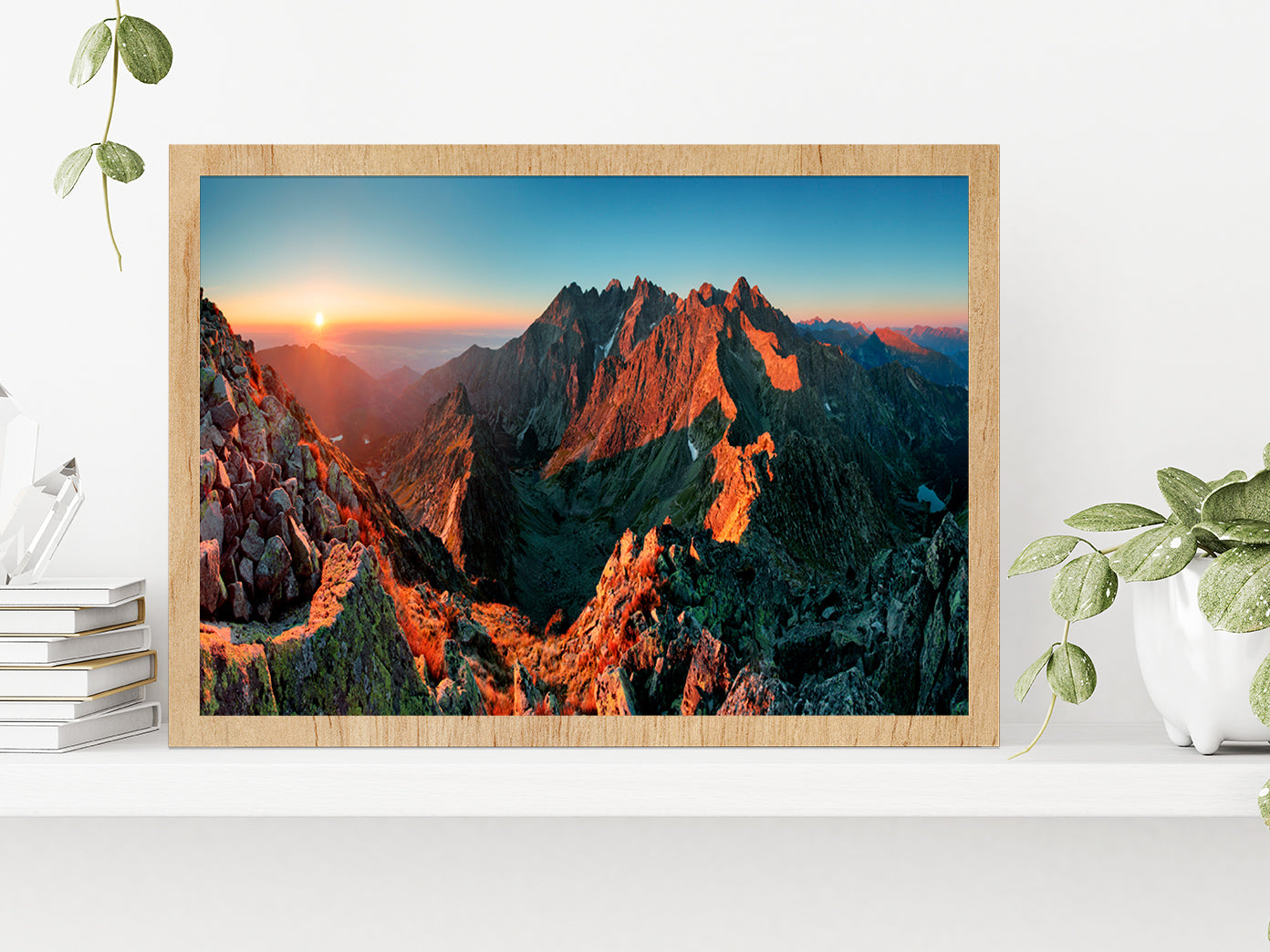 Mountain Sunset From Peak Glass Framed Wall Art, Ready to Hang Quality Print Without White Border Oak