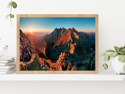 Mountain Sunset From Peak Glass Framed Wall Art, Ready to Hang Quality Print Without White Border Oak