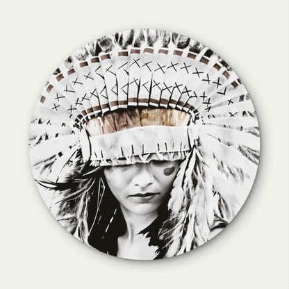 Red Indian Woman Headdress Neutral Color Acrylic Glass Rounded Print Tempered Glass Wall Art 100% Made in Australia Ready to Hang