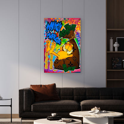 Cartoon Cat Money Bag Rainbow Graffiti 40x60cm Metal Print Ready to Hang