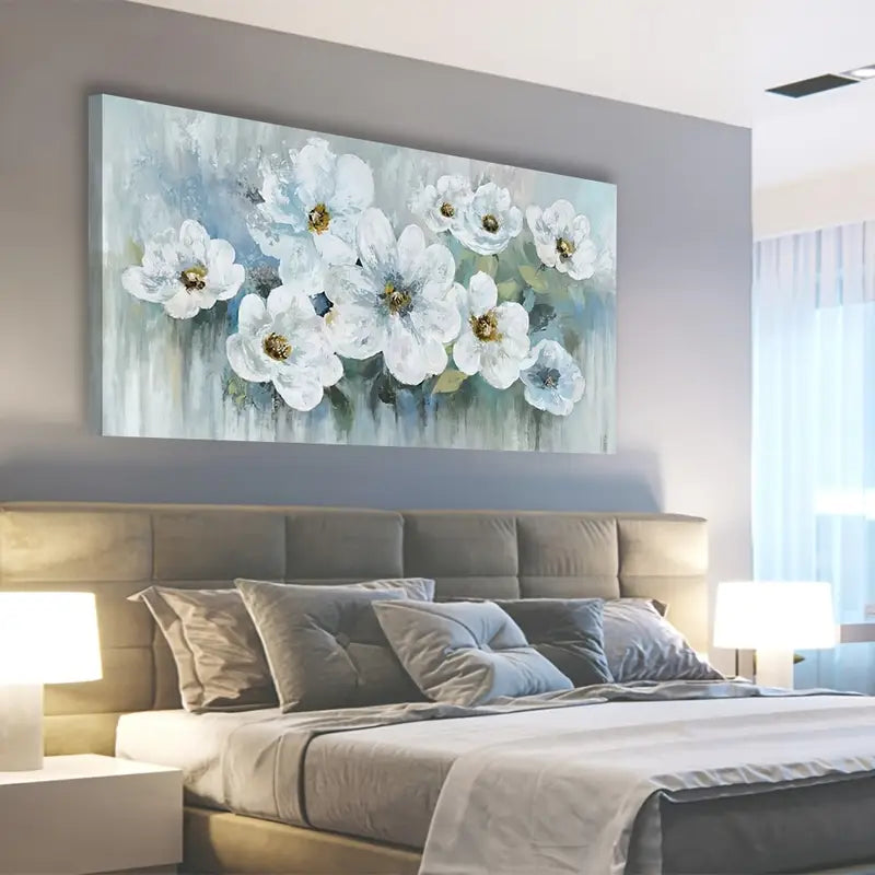 Rustic White Flowers Abstract Floral Wall Art canvas office home room framed 120x60cm