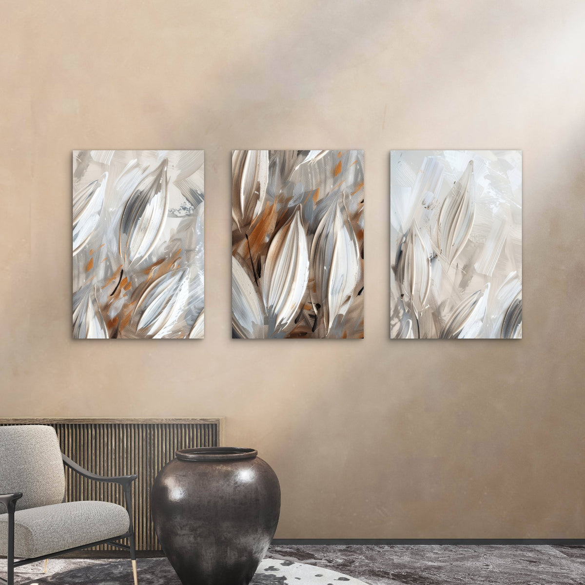 3pcs Beige Brown Abstract Leaves Modern Metal Print Ready to Hang Art