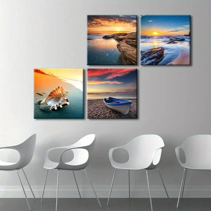 4pcs Sunset Beach Modern  Wall Art Canvas Framed