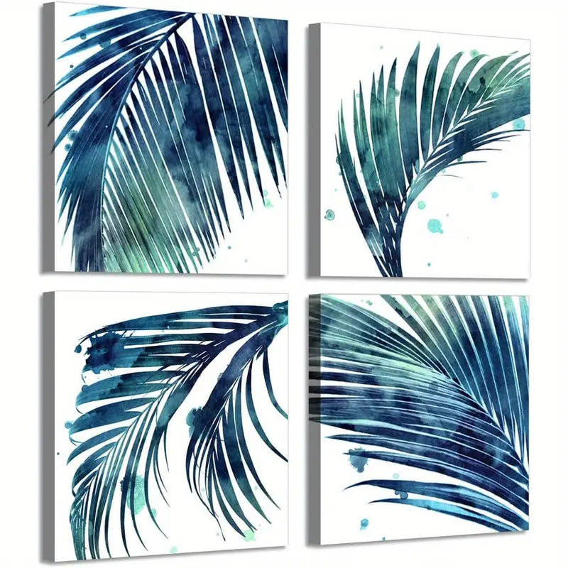 4pcs  Watercolor Palm Leaf Wall Art Canvas Framed