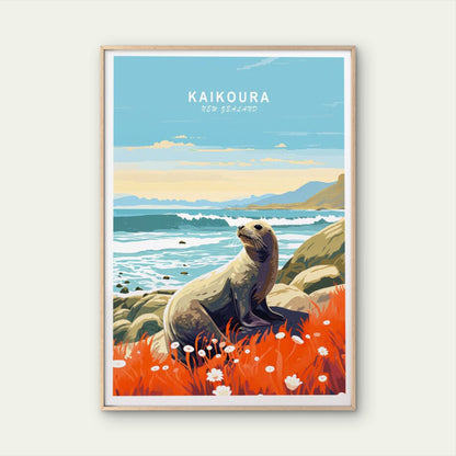 Kaikoura New Zealand, Sea Lion in Beach Travel Poster Print Wall Art