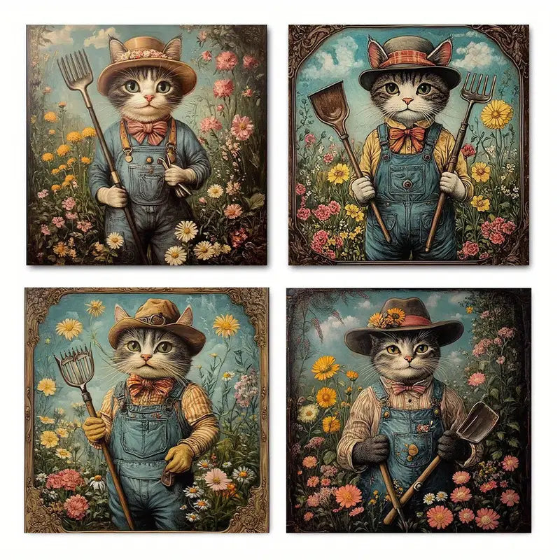 4pcs  Vintage Cat Gardener RT    Wall Art Canvas Framed
