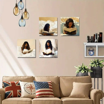 4pcs Woman Reading Theme WA Wall Art Canvas Framed