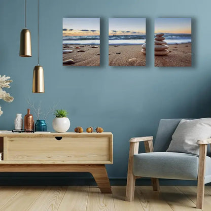 3pcs Beach Scene With Pebbles & Ocean View Metal Print Ready to Hang Art