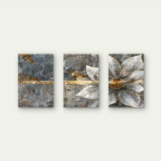 3pcs Modern Abstract Gray Gold Flower Wall Art Set Canvas Framed 50x70cm - High Quality Print 100% Australian Made Wall Canvas Ready to Hang