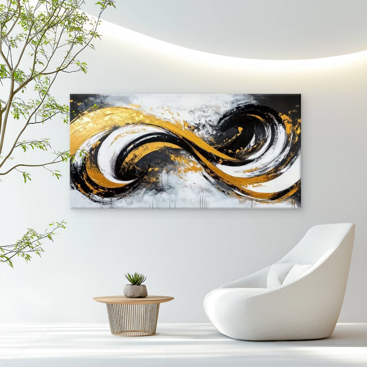 Bold Black White Golden Swirls Wall Art Canvas Office Home Room Framed 120x60cm