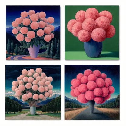 4pcs Fluffy Flowers Picture Wall Art Canvas Framed