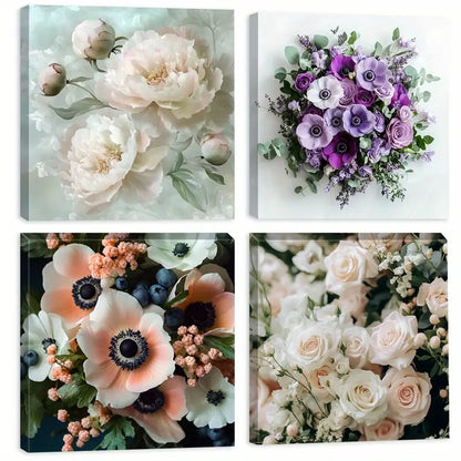 4pcs Flower Buds Painting, Leaf SD  Wall Art Canvas Framed