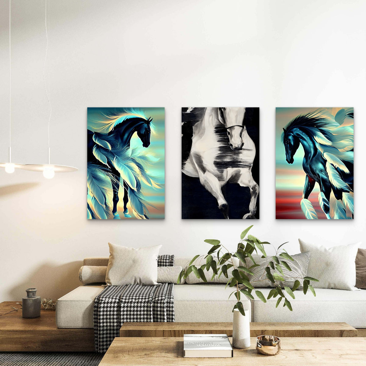 3pcs Majestic Running Horse Feather Motif Wall Art Set Canvas Framed 50x70cm - High Quality Print 100% Australian Made Wall Canvas Ready to Hang