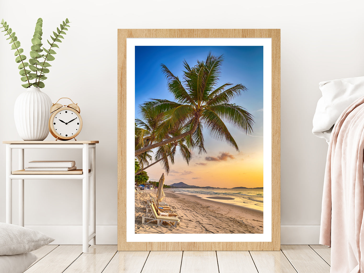 Palm Tropical Beach at Sunset Sky Photograph Glass Framed Wall Art, Ready to Hang Quality Print With White Border Oak