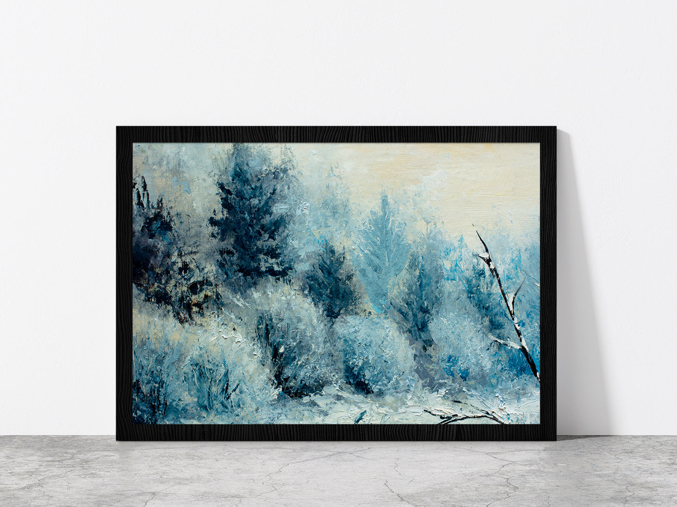 Winter Forest With Winter White Trees, Bushes In The Snow Glass Framed Wall Art, Ready to Hang Quality Print Without White Border Black