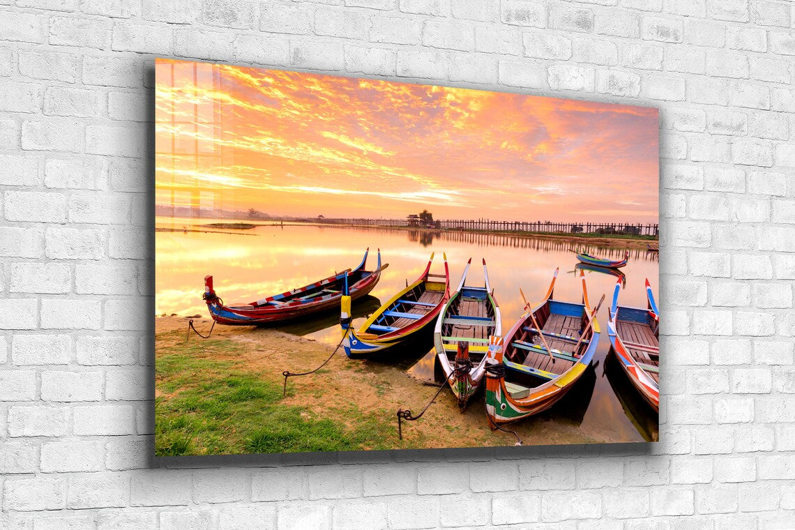 Boats on Lake Sunset UV Direct Aluminum Print Australian Made Quality