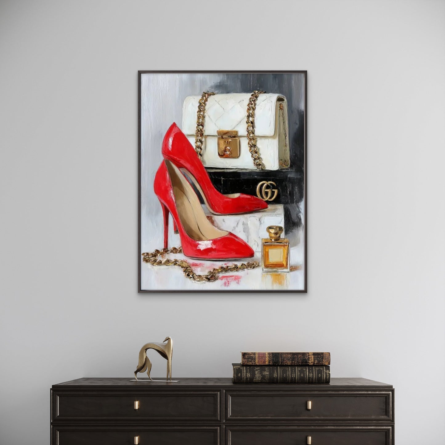 Modern Luxury Red High Heels Golden Chain Bag Fashion Home Decor Premium Quality Poster Print Choose Your Sizes