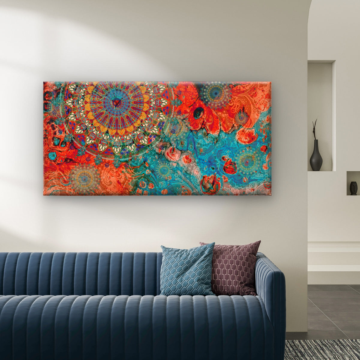 Boho Mandala Teal Orange Pattern Wall Art Canvas Office Home Room Framed 120x60cm