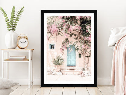 House & Flower Tree Faded Photograph Glass Framed Wall Art, Ready to Hang Quality Print With White Border Black