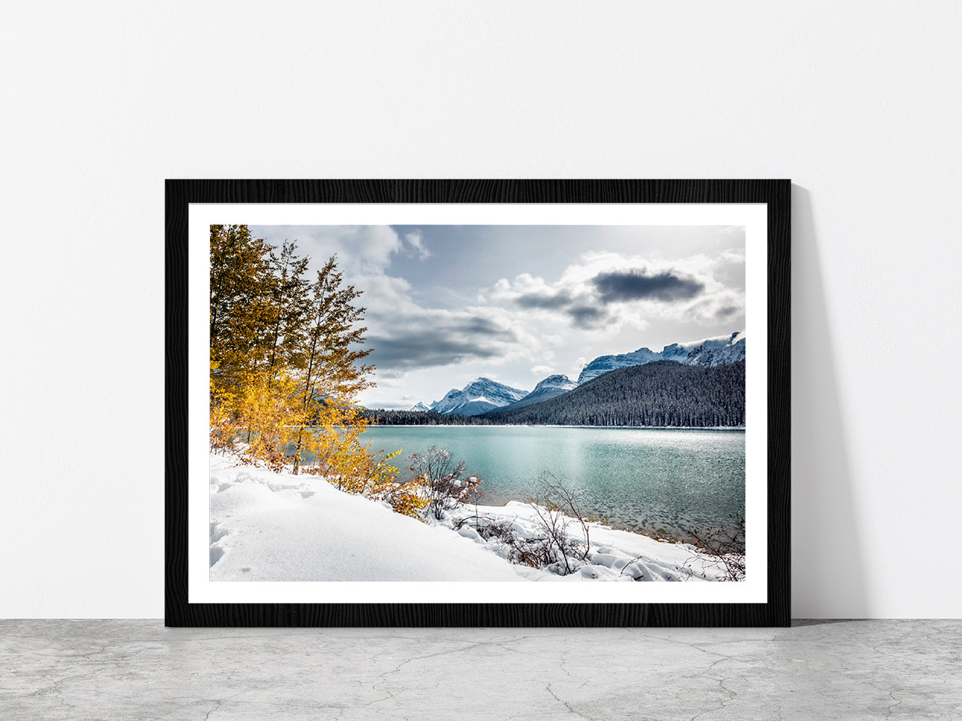 Chephren Lake With Reflection Glass Framed Wall Art, Ready to Hang Quality Print With White Border Black