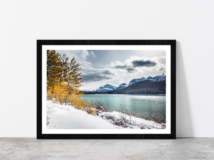 Chephren Lake With Reflection Glass Framed Wall Art, Ready to Hang Quality Print With White Border Black