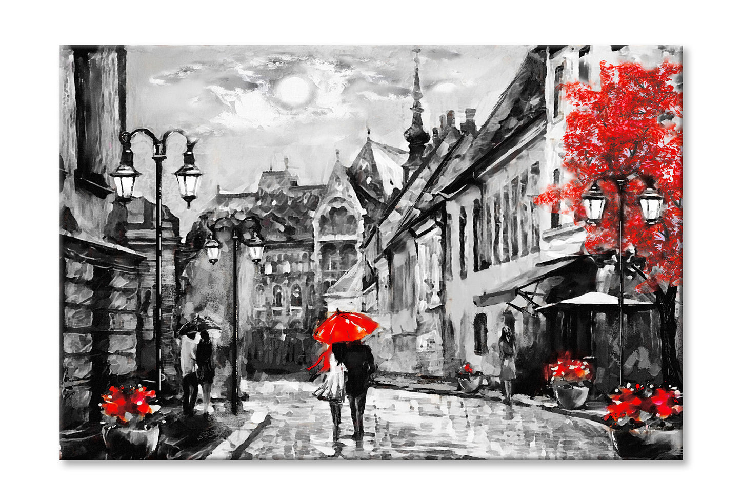 Budapest Street & Couple Under Red Umbrella B&W Painting Wall Art Limited Edition High Quality Print Stretched Canvas None