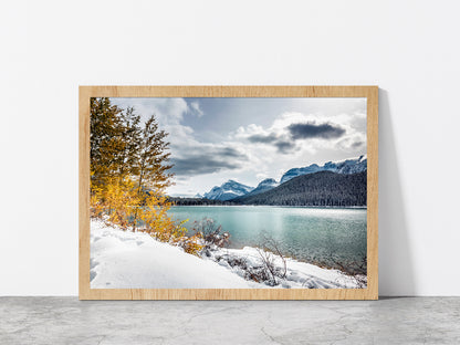 Chephren Lake With Reflection Glass Framed Wall Art, Ready to Hang Quality Print Without White Border Oak