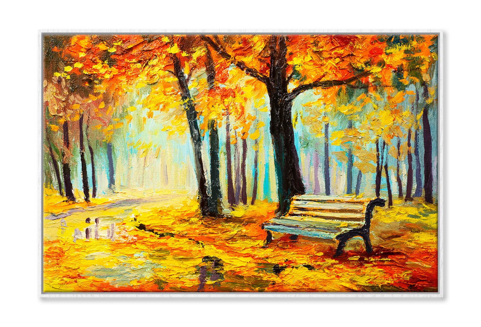 Bench In Autumn Forest Oil Painting Wall Art Limited Edition High Quality Print Canvas Box Framed White