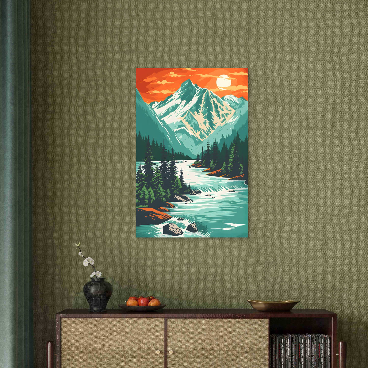 Snow Mountain River Pines Sun 60x90cm Metal Print Ready to Hang