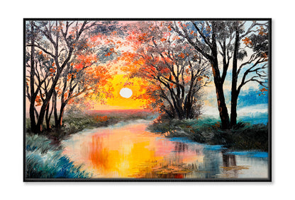 The River In Autumn Forest & Sunset Painting Wall Art Limited Edition High Quality Print Canvas Box Framed Black