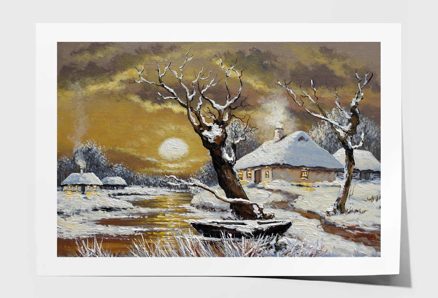 Winter House in the Village & River Night Sky Wall Art Limited Edition High Quality Print Unframed Roll Canvas None