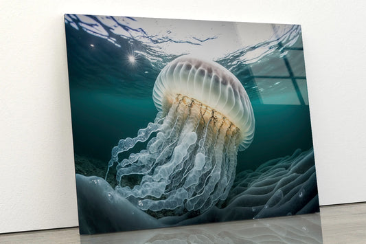 White Jellyfish Floating In the Water Acrylic Glass Print Tempered Glass Wall Art 100% Made in Australia Ready to Hang