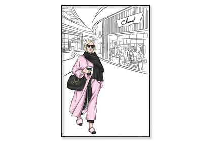 B&W Fashion Store with Pink Girl Wall Art Limited Edition High Quality Print Canvas Box Framed Black