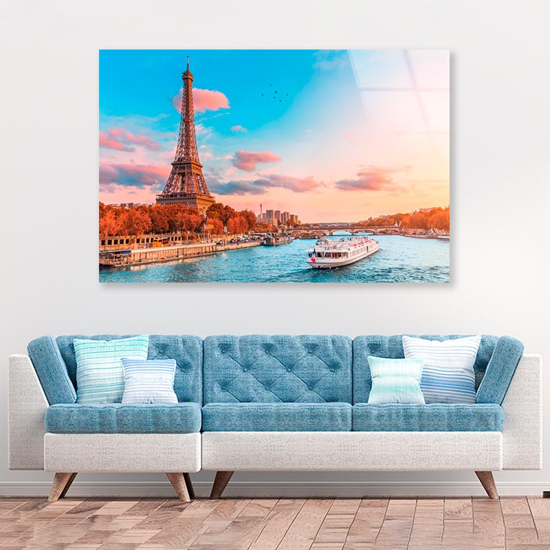 Boat on River & Sunset Eiffel Tower View Acrylic Glass Print Tempered Glass Wall Art 100% Made in Australia Ready to Hang