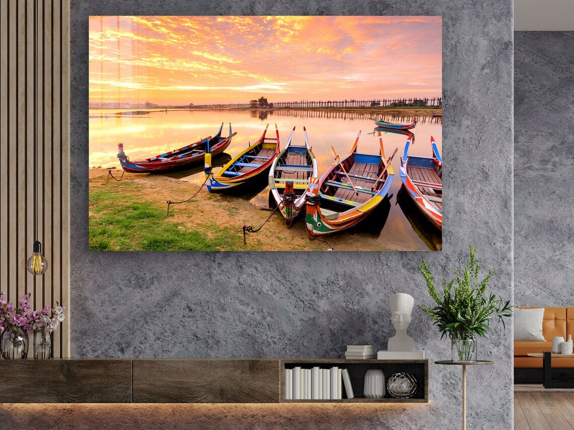 Boats on Lake Sunset UV Direct Aluminum Print Australian Made Quality