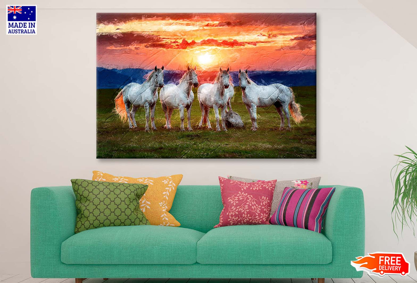 The Four Horses Sunrise Watercolor Painting Wall Art Limited Edition High Quality Print