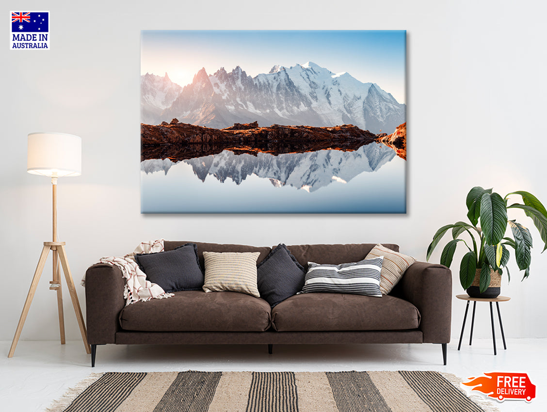 A Snow-Covered Mountain Surrounded By a Glacial Lake Print 100% Australian Made