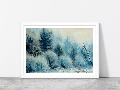 Winter Forest With Winter White Trees, Bushes In The Snow Glass Framed Wall Art, Ready to Hang Quality Print With White Border White