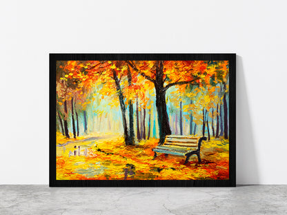 Bench In Autumn Forest Glass Framed Wall Art, Ready to Hang Quality Print Without White Border Black