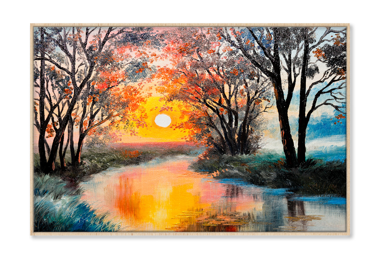 The River In Autumn Forest & Sunset Painting Wall Art Limited Edition High Quality Print Canvas Box Framed Natural