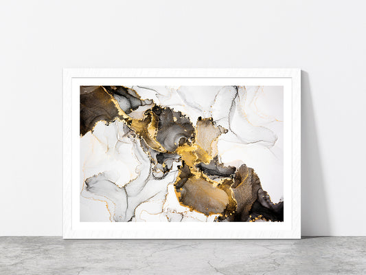 Black White & Gold Abstract Glass Framed Wall Art, Ready to Hang Quality Print With White Border White