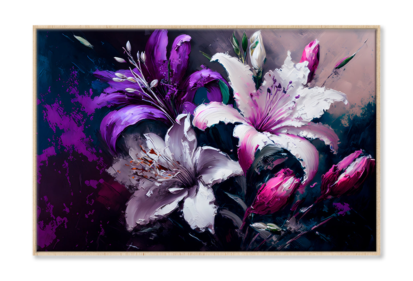 Asiatic Lilies & White Orchids Oil Painting Wall Art Limited Edition High Quality Print Canvas Box Framed Natural