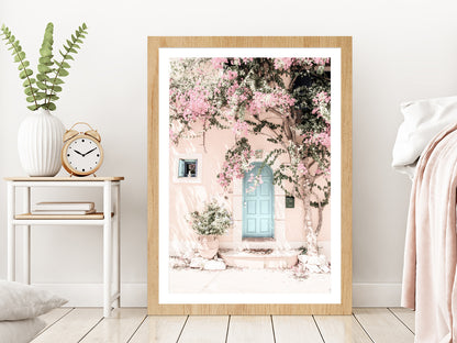 House & Flower Tree Faded Photograph Glass Framed Wall Art, Ready to Hang Quality Print With White Border Oak