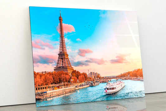 Boat on River & Sunset Eiffel Tower View Acrylic Glass Print Tempered Glass Wall Art 100% Made in Australia Ready to Hang